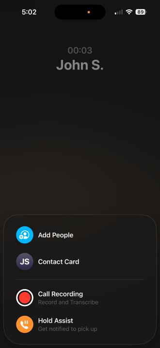 Call recording option on an iPhone screen