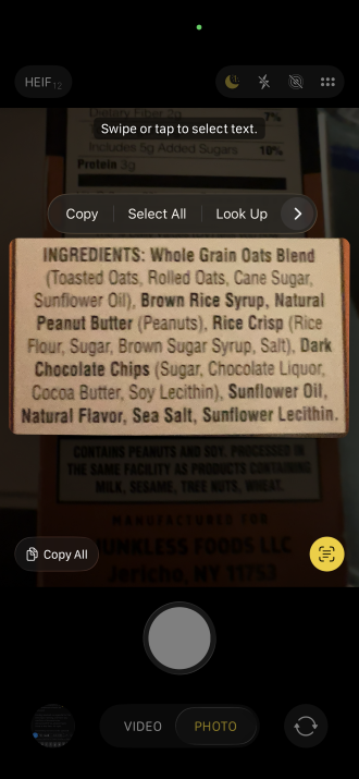 Copying text using Live Text in the iPhone Camera app