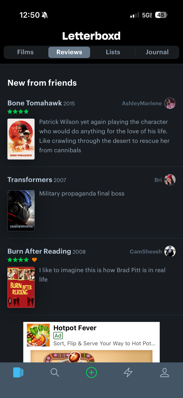 Screenshot of Letterboxd friends social feed showing recent activity.