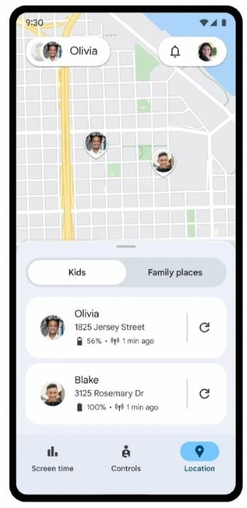 Google Family Link app showing real-time location of two children on a map on a Google Pixel 9