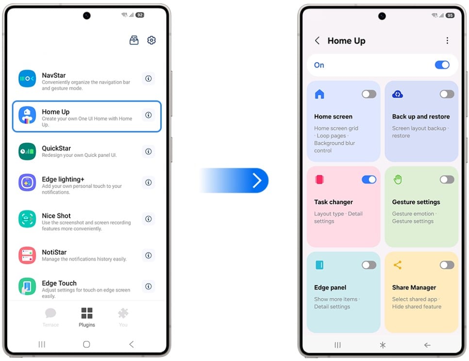 Home Up DIY Home feature showing custom grid and icon layout options on a Galaxy phone