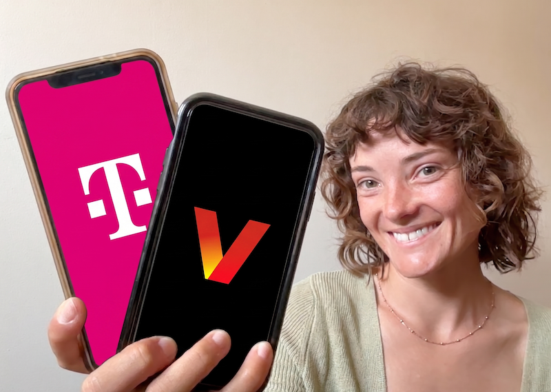 Jessica holding up two phones, one displaying a Verizon logo and the other showing the T-Mobile logo.