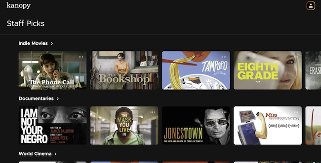 Kanopy library film catalog showing free rentals with no ads