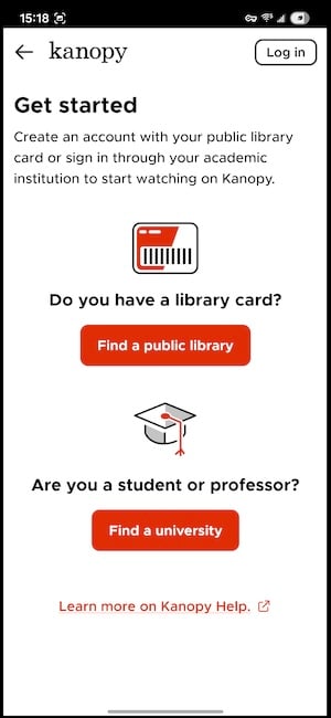 Kanopy home screen showing how to connect a library card to start streaming