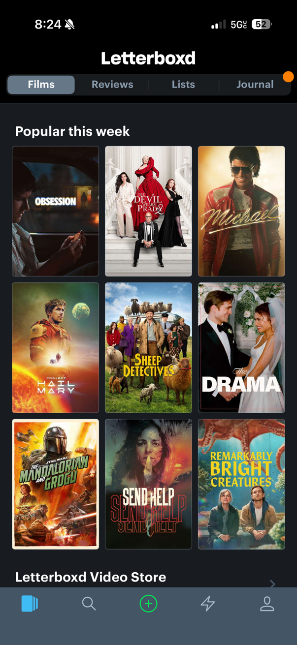Screenshot of Letterboxd home screen showing movie grid and activity.