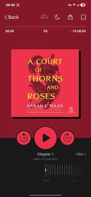 Libby app showing audiobook listening interface with playback controls