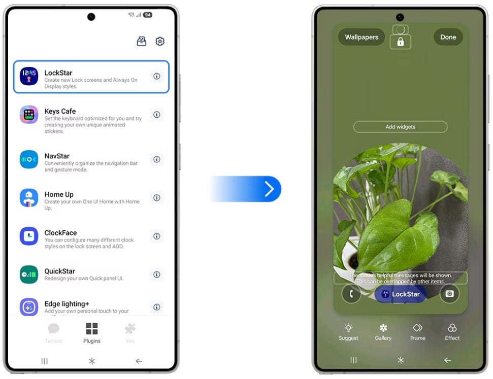 LockStar lock screen editor showing draggable elements and free-form positioning on Samsung Galaxy
