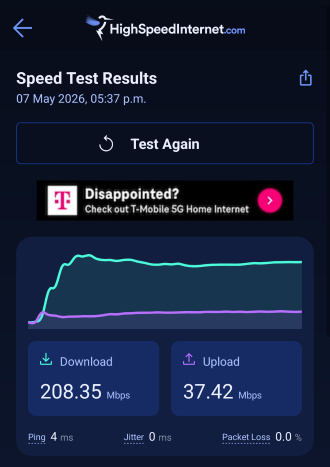 Lyca 5G download speeds at 208Mbps.