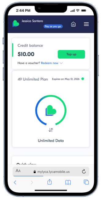 Lyca Mobile app interface.