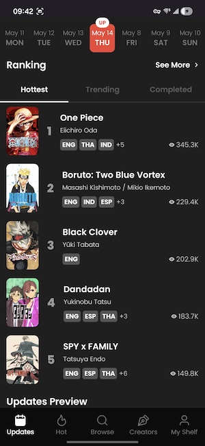 Manga Plus app showing popular manga series including One Piece and Jujutsu Kaisen