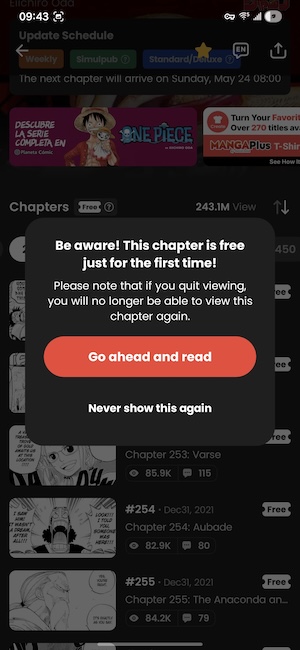Manga Plus warning screen showing the one-read limit for free chapters