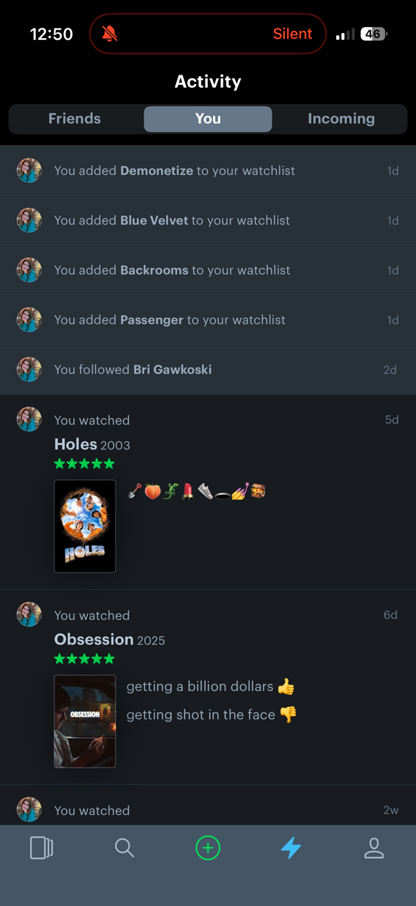 Screenshot of Letterboxd activity feed showing recent film logs.