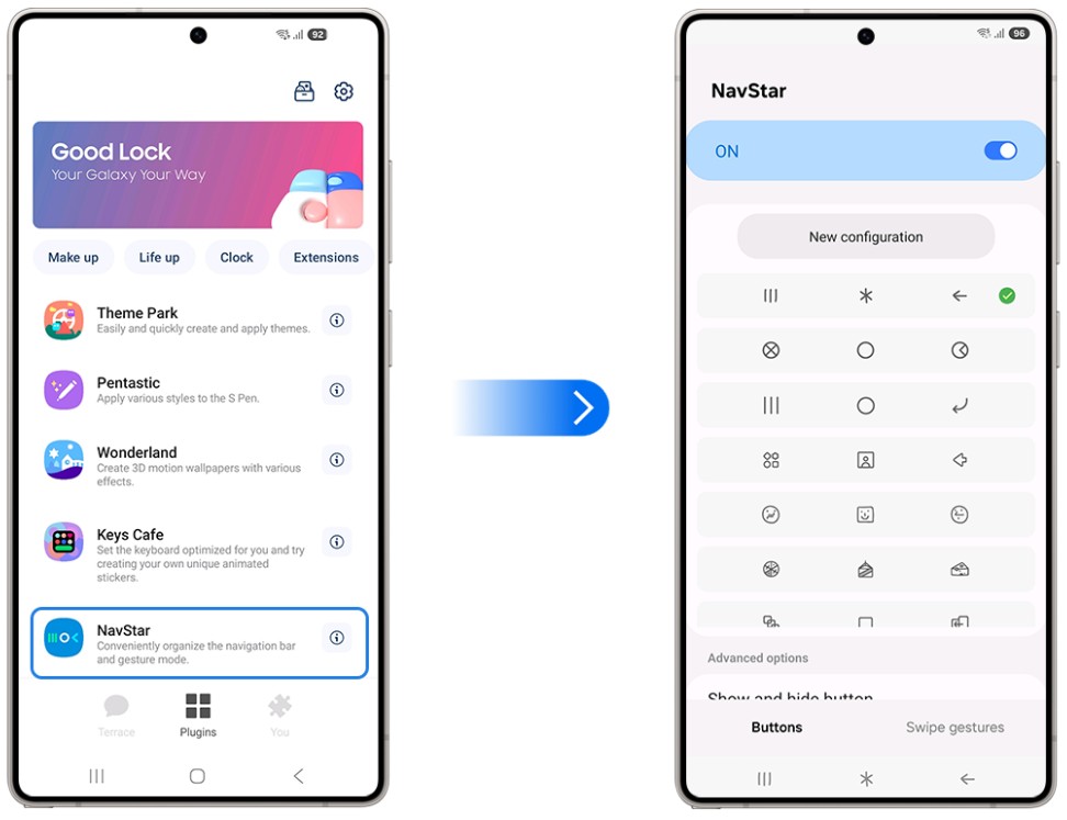 NavStar button navigation customization showing custom icons and background color options on Samsung Galaxy