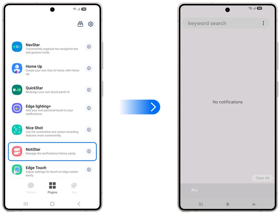 NotiStar notification archive showing searchable dismissed notifications organized by app on a Galaxy phone