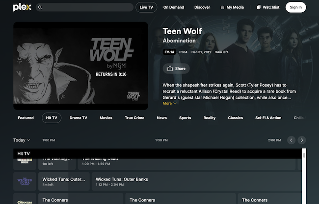 Plex showing Teen Wolf on live TV channel guide