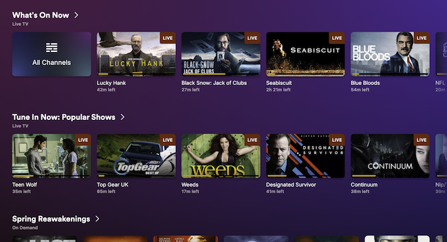 Plex live TV guide showing full channel listing organized by category