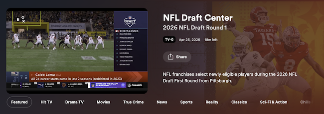 Plex app showing NFL Draft Center streaming live