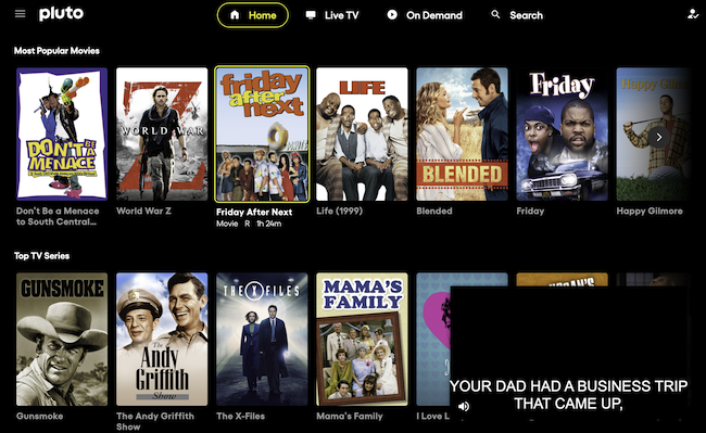Pluto TV most popular movies section showing mainstream and indie titles