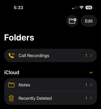 Call recordings folder in the iPhone Notes app