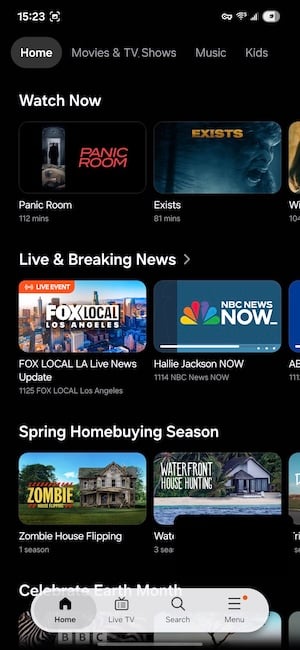 Samsung TV Plus home screen showing live channels and category menu on Galaxy phone