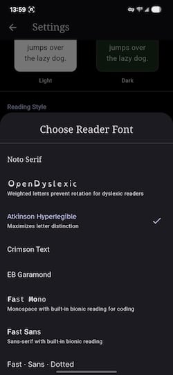 Seriatim app font choice options including dyslexia-friendly typeface
