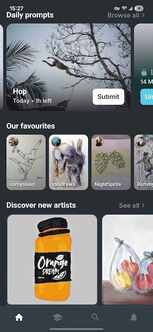 Sketch a Day daily prompt and community Sketch a Day app showing daily drawing prompt and community submissions