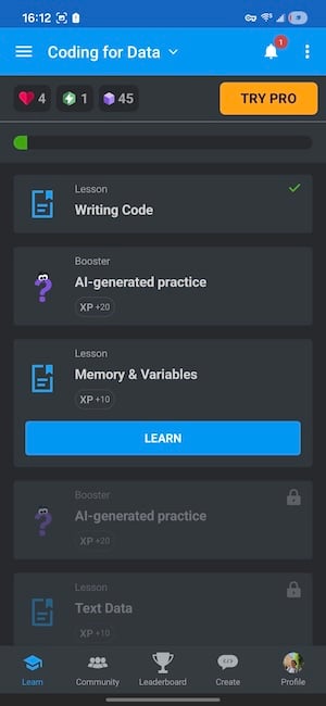 Sololearn app showing hands-on Python coding exercise