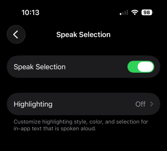Enabling Speak Selection in the iPhone Settings app
