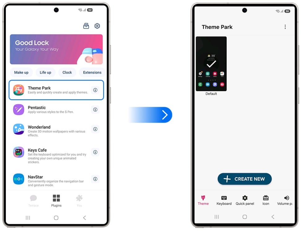 Theme Park selected in Good Lock app, showing theme customization options including keyboard, Quick panel, icon, and volume