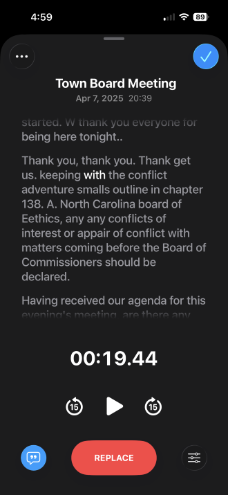 Transcribing a town board meeting in the Voice Memos app