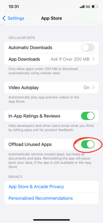 iPhone app auto-offload option