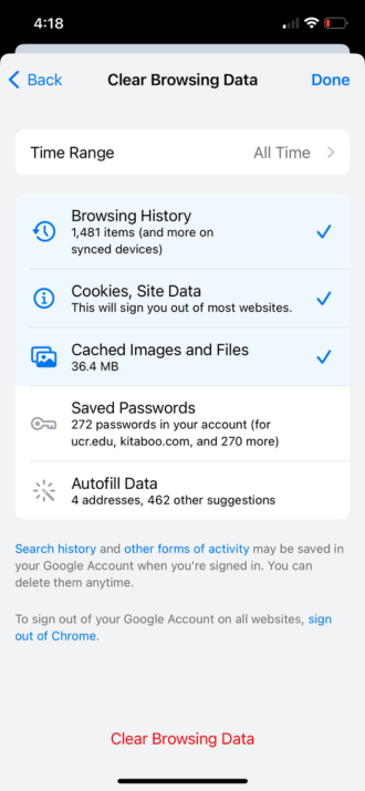 iPhone clear browsing data menu