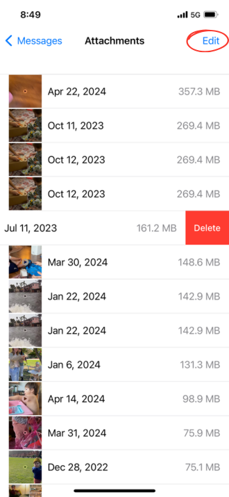 iPhone delete large attachments option