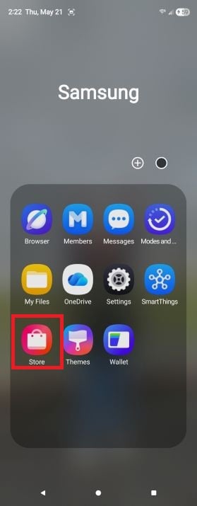 Samsung apps folder on Galaxy home screen showing the Galaxy Store app