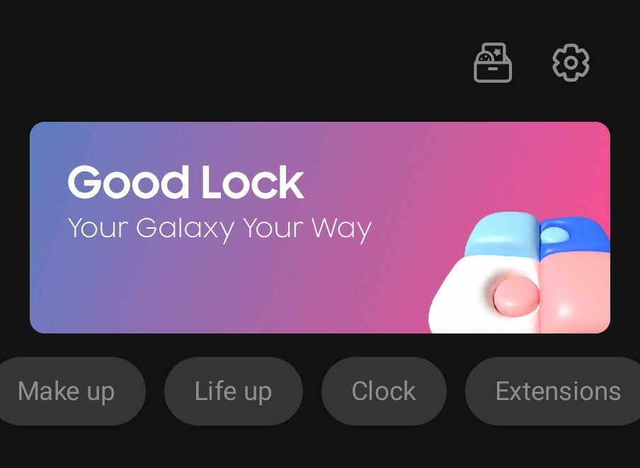Good Lock home screen showing Make up, Life up, Clock, and Extensions tabs