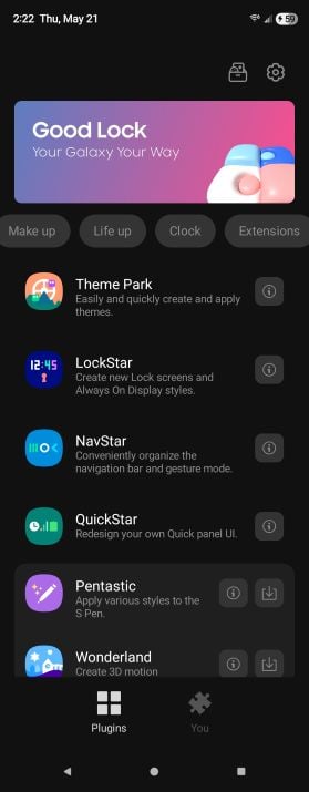 Good Lock Plugins tab showing available modules with install icons