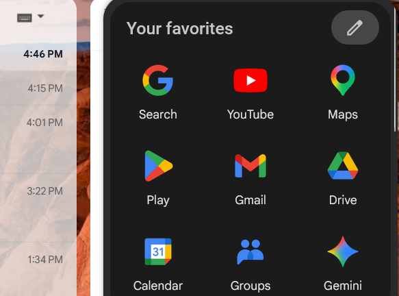 Desktop computer Google Suite Favorites menu showing Google Drive storage option