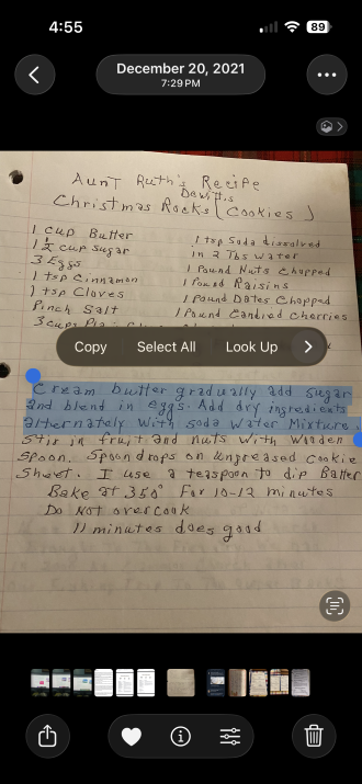 Highlighting text in a photo of a family recipe using the Photos app