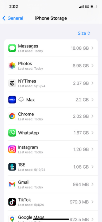 iPhone storage by apps in menu