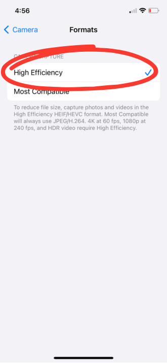 Camera efficiency options in iPhone