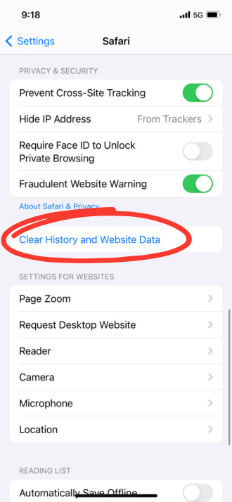 iPhone clear history menu