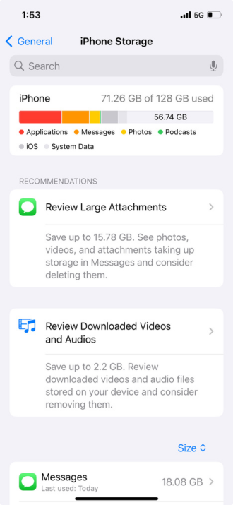 iPhone storage menu in Settings