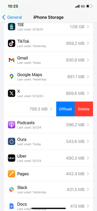 iPhone app offload or delete option