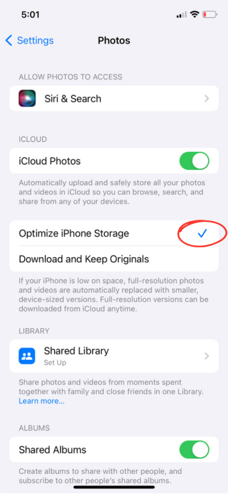 iPhone storage optimization option