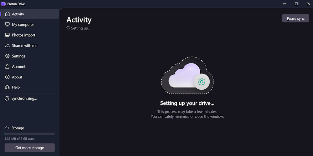 Proton cloud storage desktop computer app interface