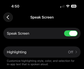 Siri reading a screen aloud with the Speak Screen setting