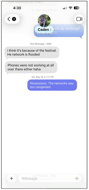 Daphne's imessage conversation Screenshot from Daphne's iPhone in a conversation with her friend at a music festival.