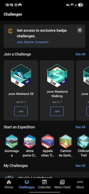 Garmin Connect challenges screen showing community competitions