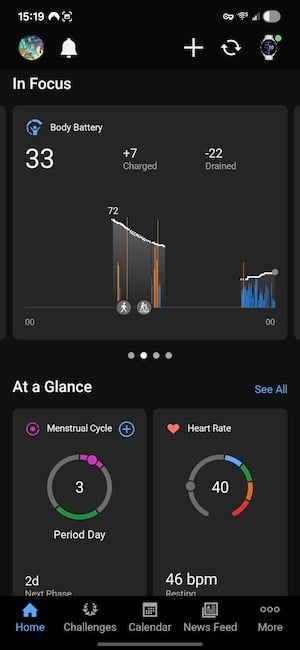 Garmin Connect home screen showing daily stats including steps heart rate and sleep score