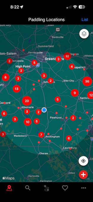 Screenshot of GoPaddling map view showing nearby launch points.